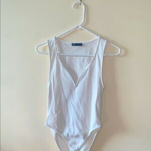 Zara White Bodysuit with Low Scoop Neckline and Thin Straps